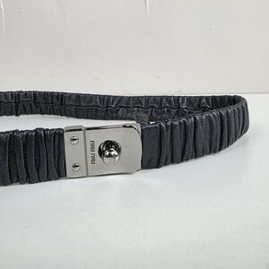 Miu Miu Black Ruched Leather Belt with Silver-Tone Buckle